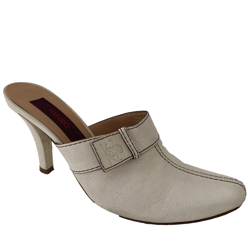 Kenzo Mule Pump Off White Leather Slim Heel Slip On Almond Toe 36